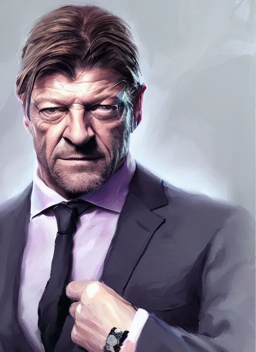 Image similar to sean bean wearing a dark purple suit, elegant, digital painting, concept art, smooth, sharp focus, illustration, by ruan jia and mandy jurgens and artgerm and william - adolphe bouguerea