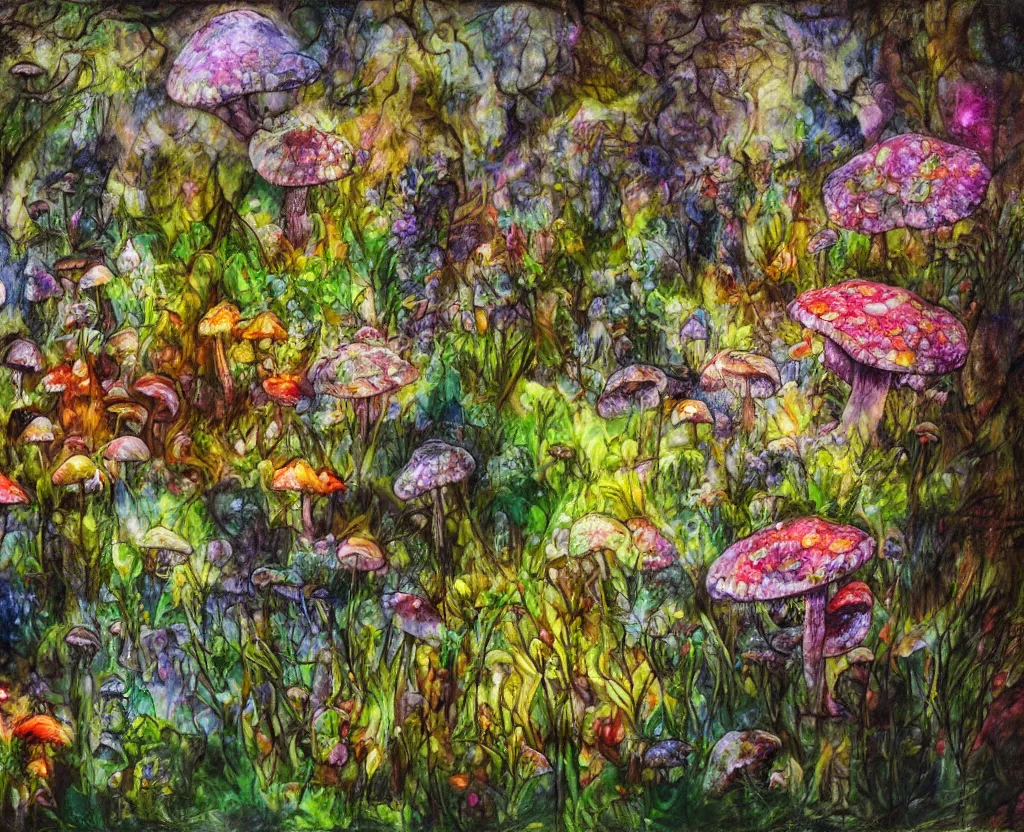 Prompt: fantastic mushrooms and big flowers in the magic forest, photorealistic, by affandi, high light, epic lighting, glow, high detailed, 4 k resolution