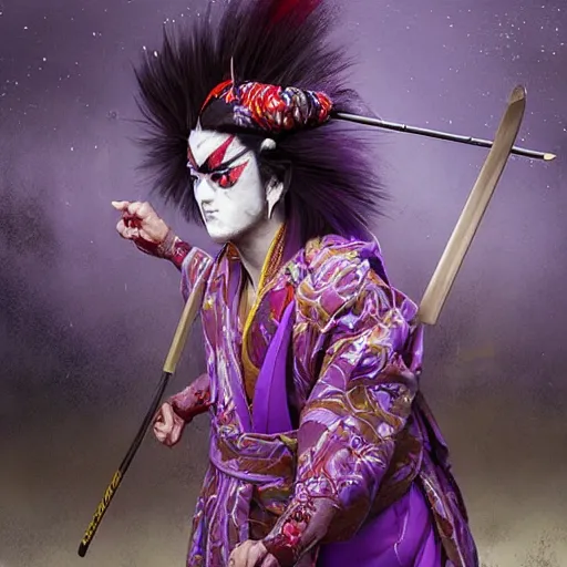 Image similar to portrait of an insane kabuki man wielding a spear covered in a distorting aura, intricate purple hakama, poofy red wig, eerie, highly detailed, dark fantasy, shallow depth of field, art by artgerm and greg rutkowski