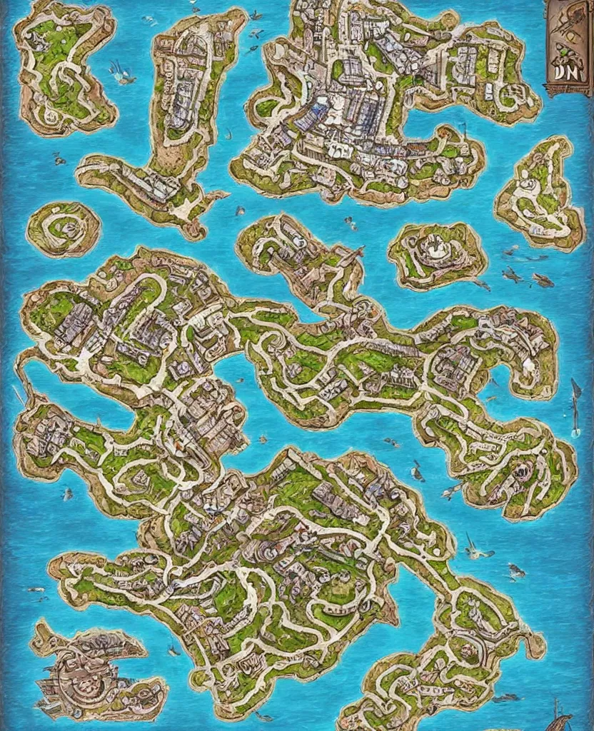 Image similar to dnd shoreline port town and docks with islands, hand painted and drawn map