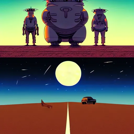 Prompt: a study of cell shaded cartoon giant gods on a desert road, in front of a big moon, full body, wide shot, very muted colors, post grunge, studio ghibli, laurie greasley, highly detailed, deviantart, art by artgem