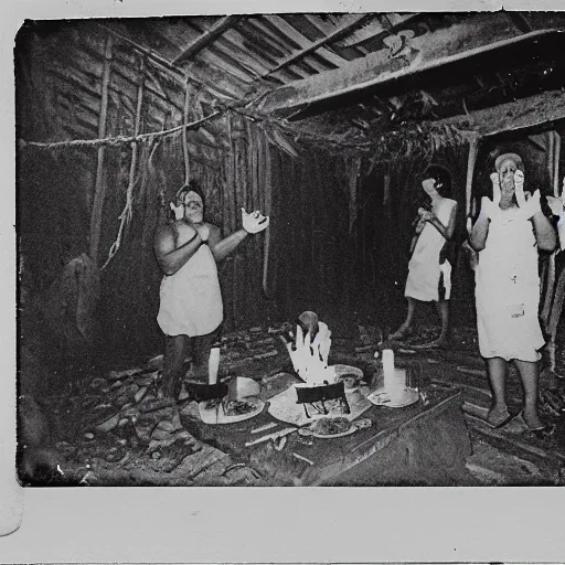 Prompt: a group of people in a witchcraft ritual on an abandoned mad house in the Colombian jungle, mist, 1910 polaroid photography, grainy film, resident evil, Black and white