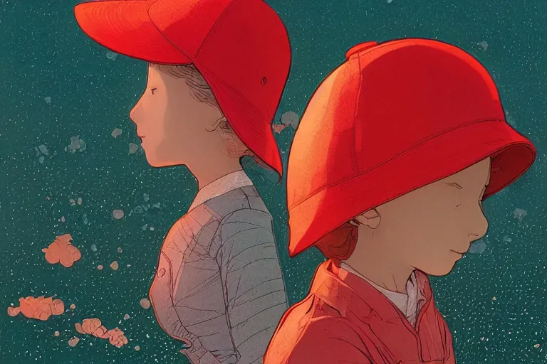 Image similar to a young girl with a red hat on a by moebius and victo ngai and goro fujita and katsuhiro otomo, ultradetailed, clean line, color comics style, dynamic lighting, night