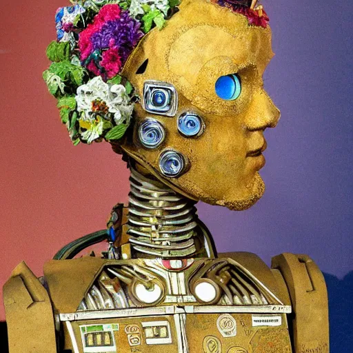 Prompt: a humanoid robot wearing a mask made of flowers, by annie swynnerton and diego rivera and tino rodriguez, symbolist, dramatic lighting, elaborate geometric ornament, art brut, soft cool colors, smooth, sharp focus, extremely detailed, adolf wolfli