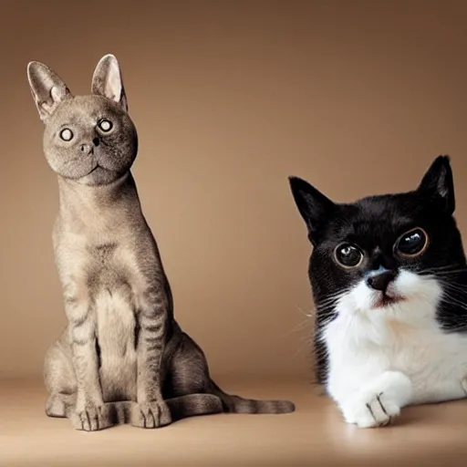 Prompt: photo of a cat-headed dog sitting next to a dog-headed cat