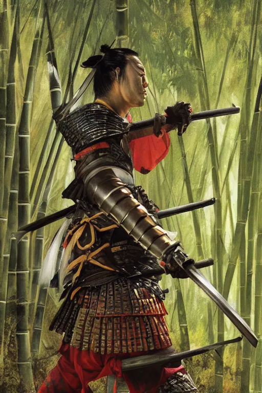 Image similar to close up of samurai warrior in full armor, in a bamboo forest, by huang guangjian and gil elvgren, sachin teng, greg manchess