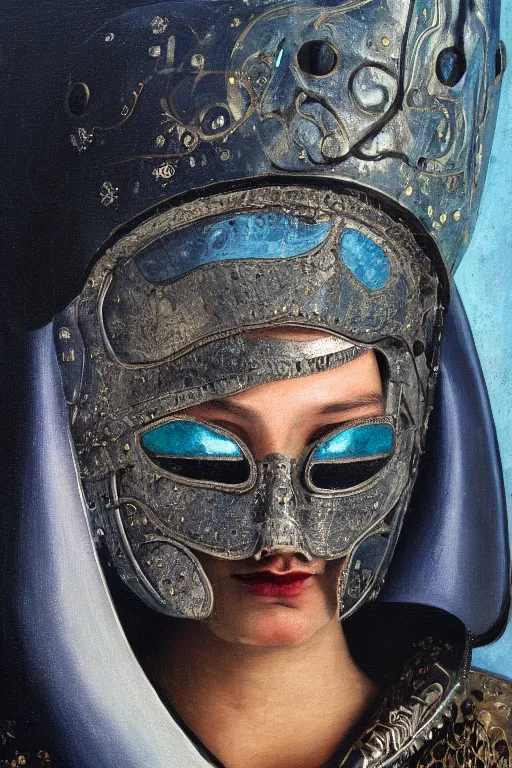 Image similar to hyperrealism oil painting, close - up portrait of face hiding in stingray medieval fashion model, knight, steel gradient mixed with nebula sky, in style of baroque mixed with 7 0 s japan book art