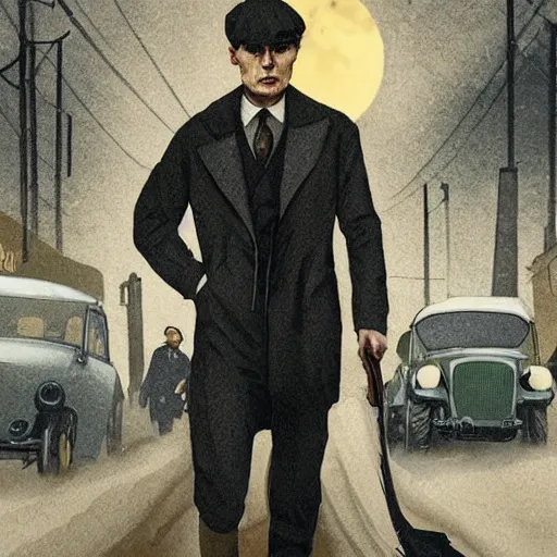 Prompt: tommy shelby in birmingham, peaky blinders, walking at night, bar in distance, stardew valley aesthetic, dark, grimy, moonlit sky with a few clouds, muddy street, creepy, art by concernedape