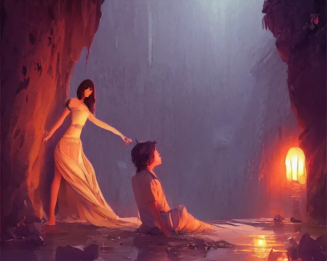 Prompt: a cinematic boy girl traditional romance moment, exploring the caves boho clothing, full body illustration, bestselling movie art poster, official media, 1970s fashion, dynamic lighting official anime media, incredible art by artgerm and greg rutkowski