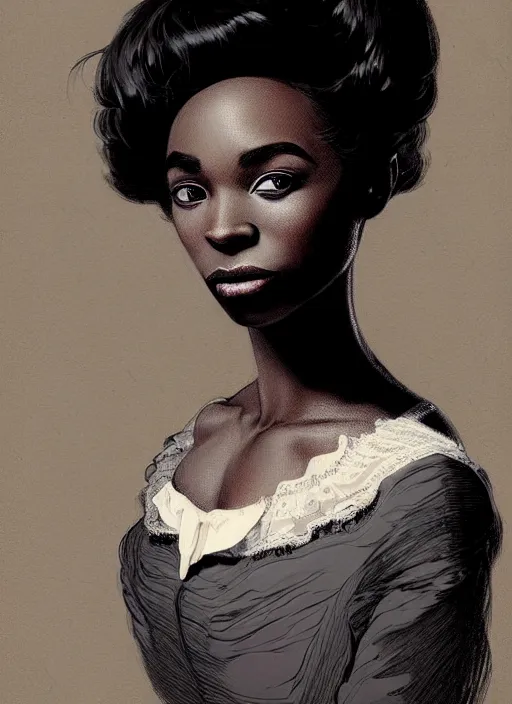 Image similar to a portrait of a young black woman with a crooked nose in victorian clothing, confident pose, intricate, elegant, sharp focus, illustration, highly detailed, concept art, matte, trending on artstation, anime, art by james jean and artgerm and brian despain and alberto mielgo, greg rutkowski, wlop, ilya kuvshinov, strong strokes