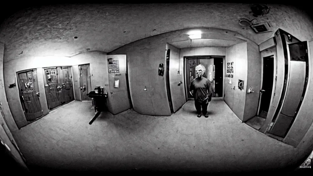 Image similar to a hidden camera photo from inside jeffrey epstein ’ s jail cell, opulent comedy, fisheye lens, f / 2 0, high detail