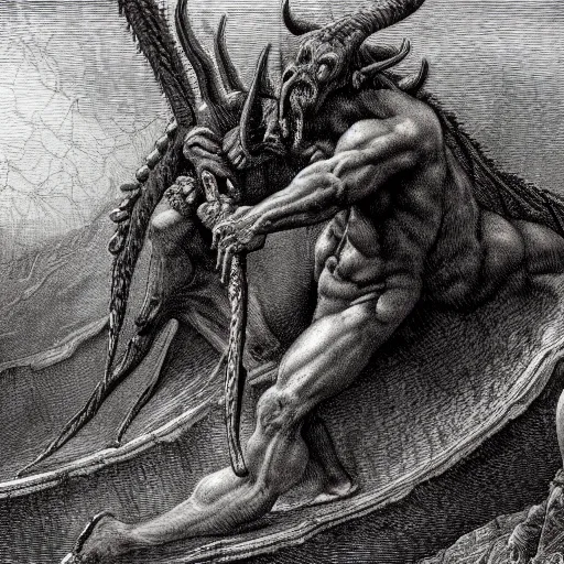 Prompt: a close up of a massive demon crawling up from a canyon, highly detailed, Biblical, high contast, in the style of Gustave Dore