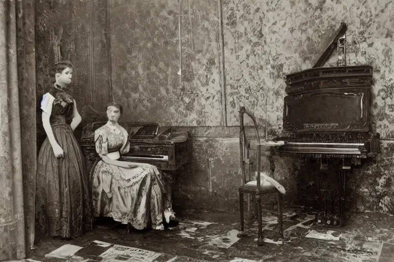 Prompt: detailed well - preserved photo of female android in beautiful victorian dress standing in decaying guest room with piano and chair