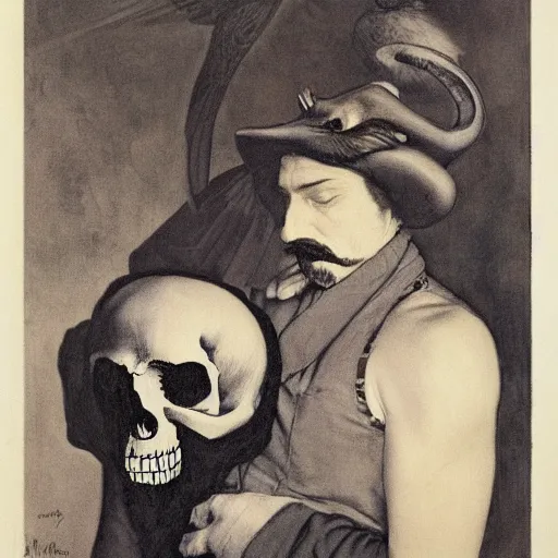 Image similar to A beautiful experimental art of a man, with an animal skull for a head, and a large bird perched on his shoulder. The man is looking up at the bird with a fierce expression, and the bird is looking back at him with what seems to be an equally intense gaze. by Jessie Willcox Smith, by Edward Weston atmospheric