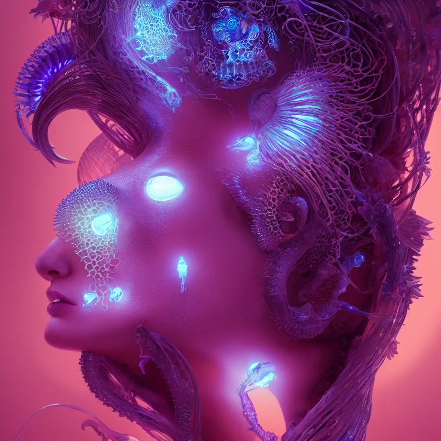 Image similar to goddess close-up portrait. orchid jellyfish phoenix head, nautilus, skull, betta fish, bioluminiscent creatures, intricate artwork by Tooth Wu and wlop and beeple. octane render, trending on artstation, greg rutkowski very coherent symmetrical artwork. cinematic, hyper realism, high detail, octane render, 8k