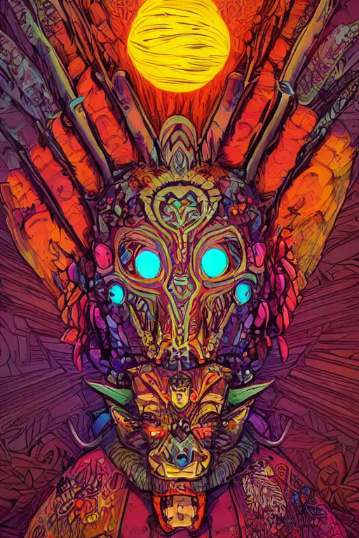 Image similar to totem animal tribal chaman vodoo mask feather gemstone plant wood rock video game illustration vivid color borderlands by josan gonzales and dan mumford radiating a glowing aura