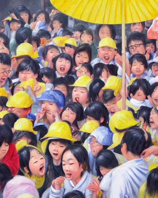 Prompt: a large crowd of plump screaming japanese pre-schoolers in yellow hats, faces wet with tears, slicktears flowing and fling, hyperrealistic oil painting, art in the style of ac-bu