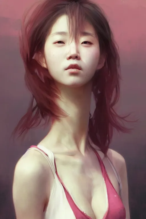 Prompt: Korean cyberpunk female with torn pink tank top, digital art from artstation by Ruan Jia and Mandy Jurgens and Artgerm and william-adolphe bouguereau