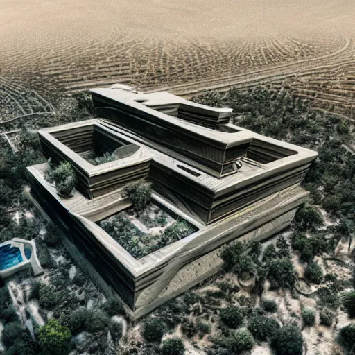 Prompt: hyper detailed ultra sharp rendering of brutalism conceptual building in the desert, biophilia mood, pool, garden, highly detailed, cinematic, photorealistic,