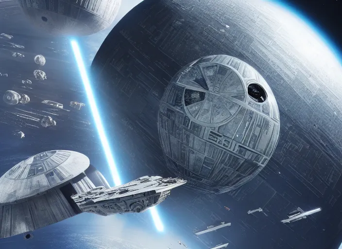 Prompt: film still of the death star hovering above the entire earth in the new star wars movie, 4 k