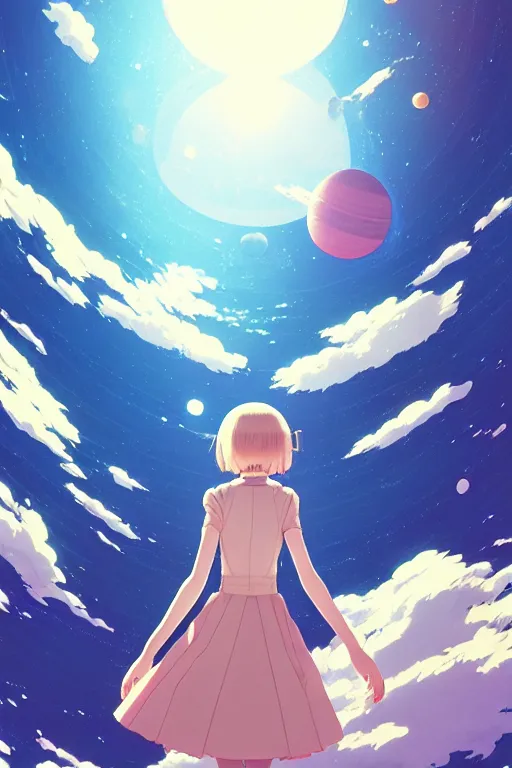 Image similar to a lonely girl floating in a spacestation, akihito yoshida, hisashi eguchi, yuya nagai, Ilya Kuvshinov, murata range, jean giraud, makoto shinkai, kawaii, muted colors,matte, high saturation, detailed, fantasy