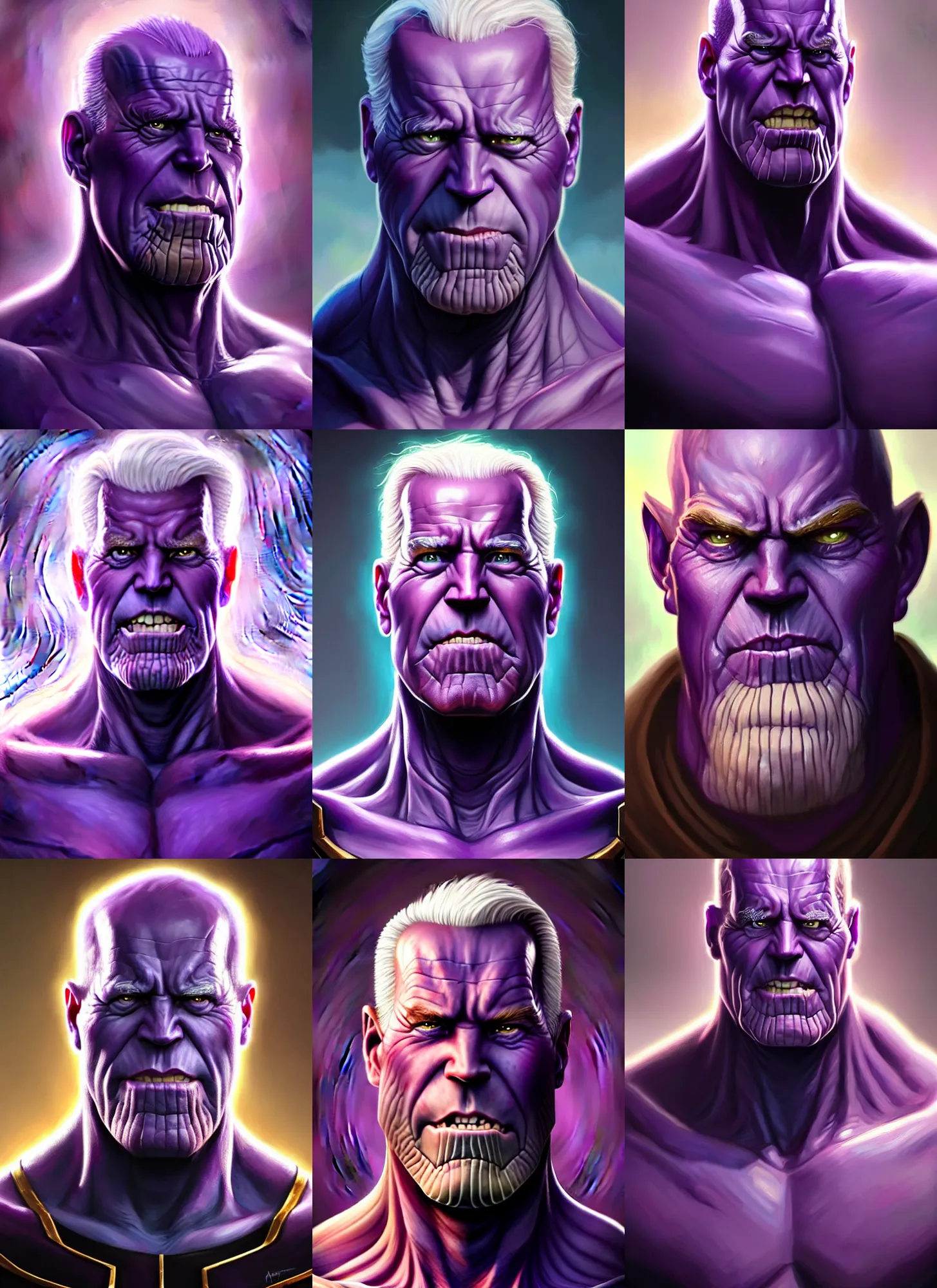 Prompt: a fantasy style portrait painting a character if joe biden and thanos had a son, purple skin, powerful chin, thanos style traits, painting, unreal 5, daz., rpg, portrait, extremely detailed, artgerm greg rutkowski _ greg