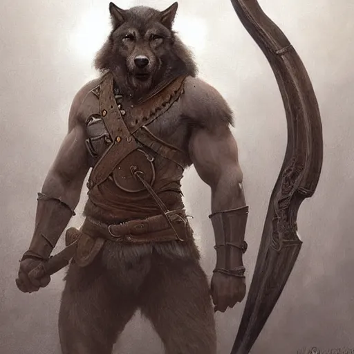 Image similar to portrait of a gruff ranger holding a spear, accompanied by a wolf dog, muscular, upper body, hairy body, D&D, fantasy, intricate, elegant, highly detailed, digital painting, artstation, concept art, matte, sharp focus, illustration, art by Artgerm and Greg Rutkowski and Alphonse Mucha