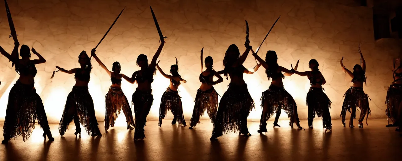 Prompt: wide angle associated press photo of a group of belly dancers with swords, silhouette, dramatic lighting, 4 k photo