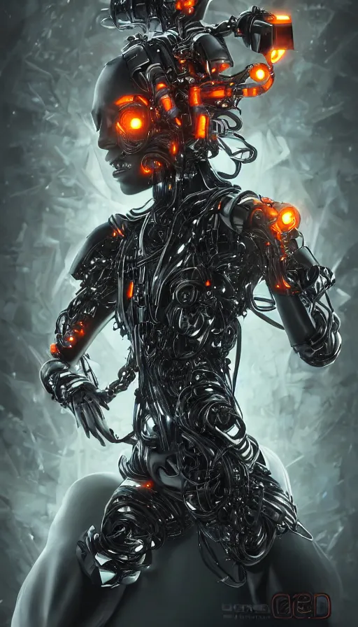 Image similar to full body head to toe portrait of a gothicpunk sci-fi cyborg netrunner bionic man, third person, D&D, sci-fi fantasy, biomatter and , intricate, black with shiny silver and orange fringe highlights, highly detailed, art by Range Murata, highly detailed, 3d, octane render, bright colors, digital painting, trending on artstation, sharp focus, illustration style of Stanley Artgerm, dramatic background