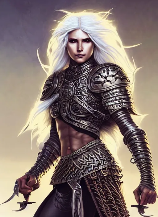 Image similar to warrior, leather armor!!! long wild white hair!! covered chest!!! fantasy, d & d, intricate ornate details, digital painting, pretty face!!, symmetry, concept art, sharp focus, illustration, art by artgerm! greg rutkowski magali villeneuve wlop! ilya kuvshinov!!, octane render