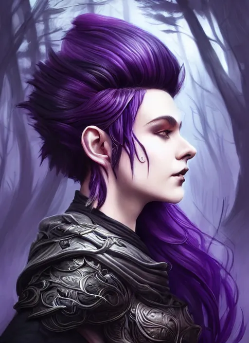 Prompt: side portrait dark witch, adventurer outfit large cloak, fantasy forest landscape, dragon scales, fantasy magic, undercut hairstyle, short purple black fade hair, dark light night, intricate, elegant, sharp focus, illustration, highly detailed, digital painting, concept art, matte, art by wlop and artgerm and ivan shishkin and andrey shishkin, masterpiece