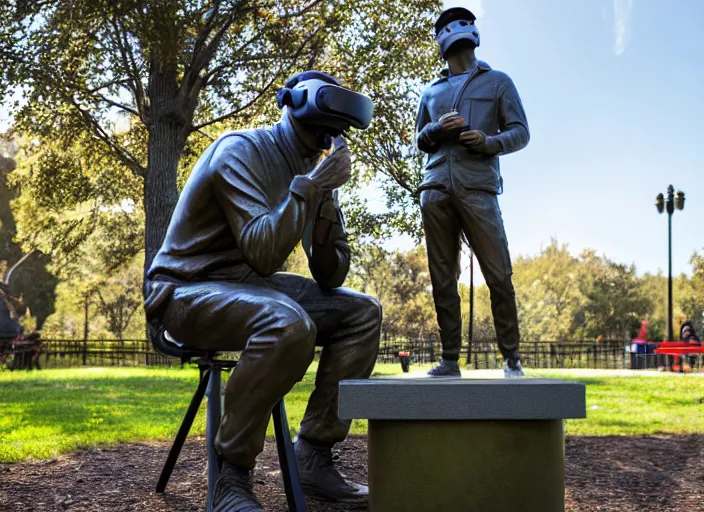 Image similar to photo still of a bronze statue of a man gaming in vr in a park on a bright sunny day, 8 k 8 5 mm f 1 6