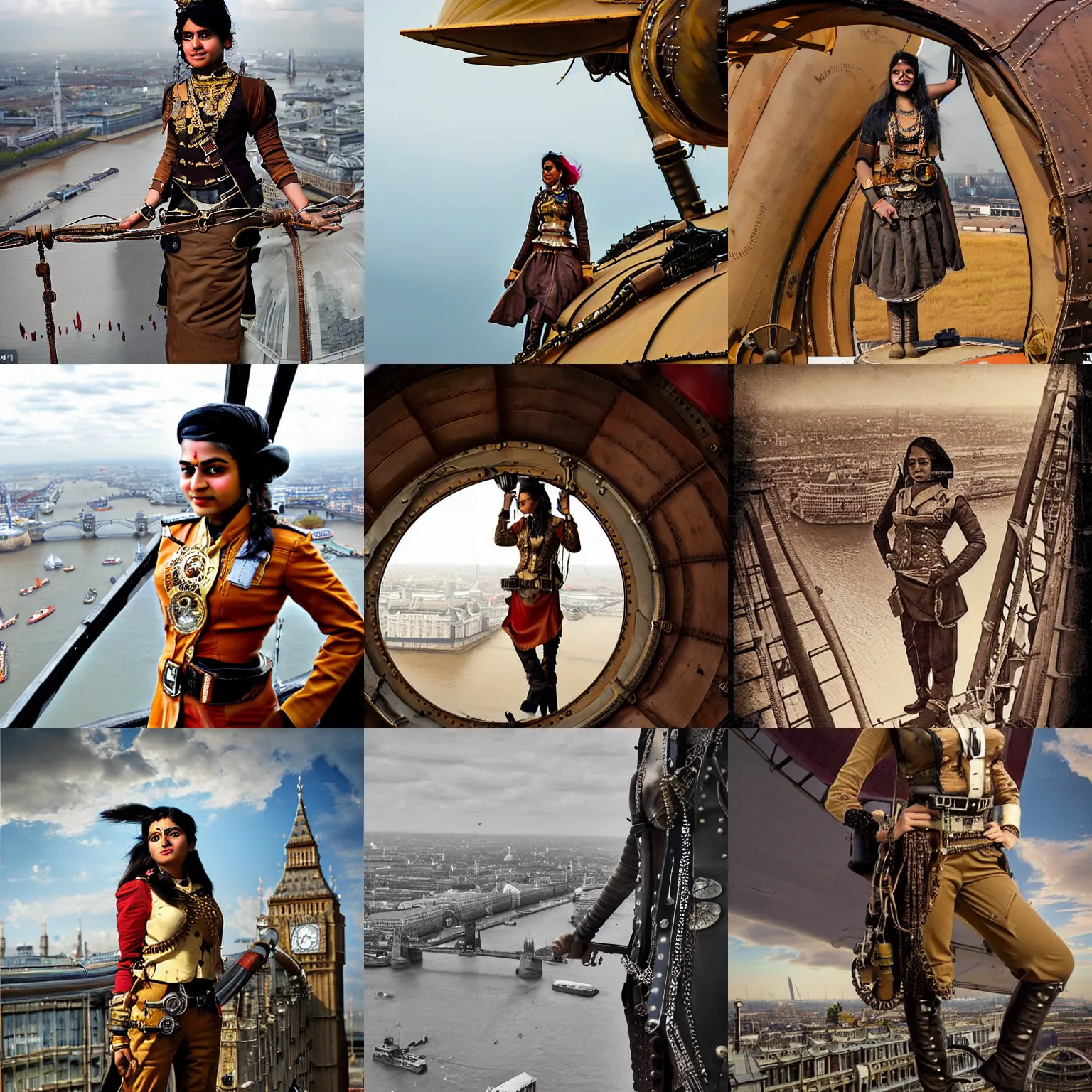 Prompt: Steampunk art, a young Indian woman airship pilot, wearing a steampunk sari, standing on the bridge of her airship, looking out over London