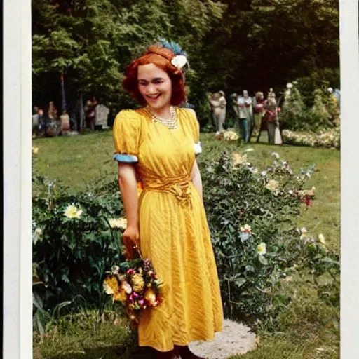 Image similar to an image of a queen with tan skin long rippling cinnamon hair and emerald colored eyes in a medium full shot, vintage historical fantasy 1 9 3 0 s kodachrome slide german and eastern european mix. the queen is pictured attending a barbecue for youth volunteers. she is dressed in a yellow dress paired with floral accessories.