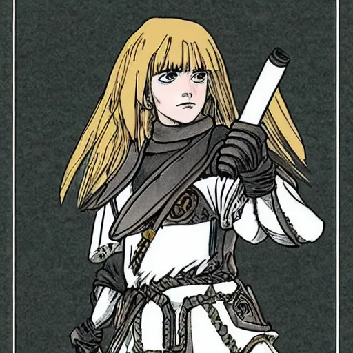 Image similar to emma watson as a knight in the style of berserk, by kentaro miura