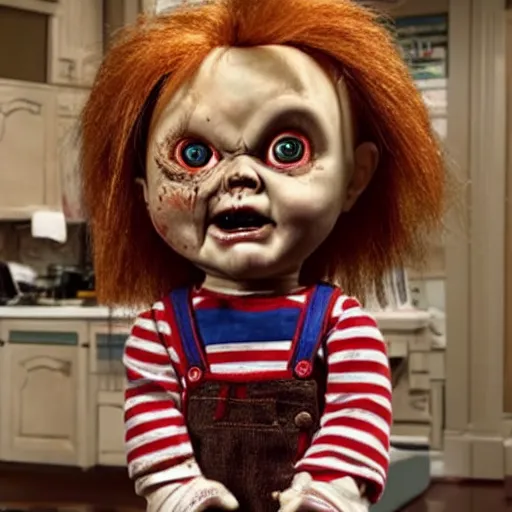 Image similar to chucky the killer doll standing in a room full of creepy evil killer dolls