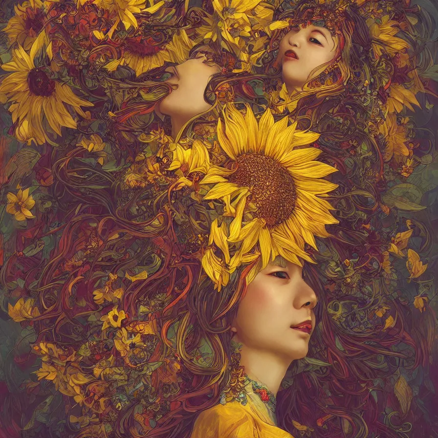 Sunflower Chinese goddess-queen, colourful, surreal, | Stable 