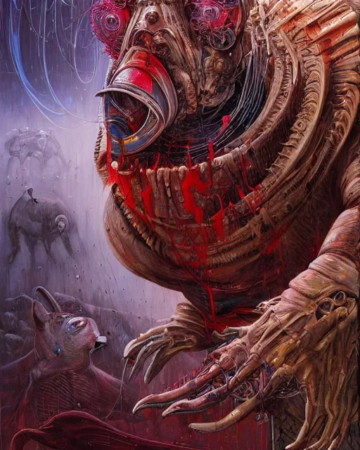 Image similar to bloody cyborg capybara, by antonio j. manzanedo, giger, alex grey, android jones, wayne barlowe, philippe druillet, raymond swanland, cyril rolando, josephine wall, harumi hironaka, trending on artstation