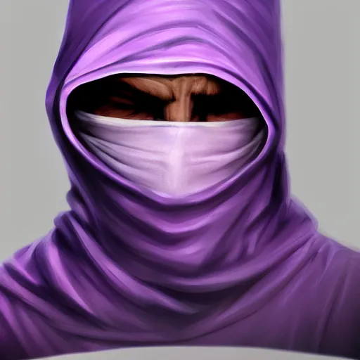 Image similar to ultra realistic illustration, man in a black hood, in a striped purple balaclava, mysterious, highly detailed, digital painting, artstation, concept art, smooth, sharp focus, illustration