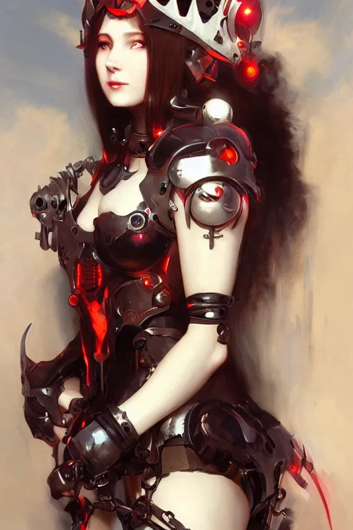 Image similar to Portrait of beautiful pale smiling anime cyborg gothic maiden in bikini armor with crown of thorns and glowing red eyes, steampunc, Warhammer 40000, digital art from artstation by Ruan Jia and Mandy Jurgens and Artgerm and william-adolphe bouguereau