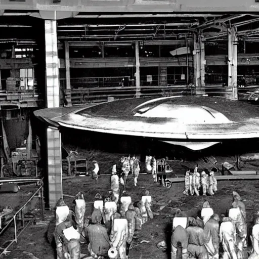 Prompt: dismantled, crashed, ufo spaceship in hanger with people in hazmat suits standing around, grainy, vintage photo, sepia, old photo, realistic, detailed,