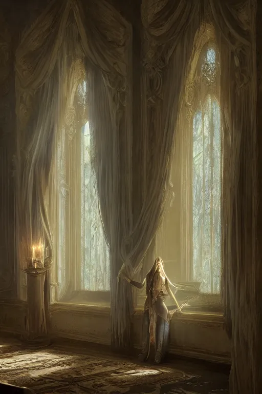 Prompt: a matte painting gothic corner parlor flickering candles velvet curtains by greg rutkowski, tyler edlin