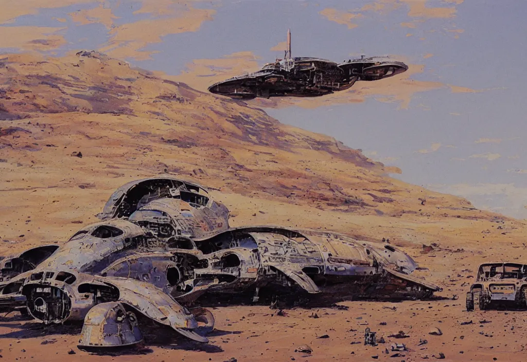 Prompt: remains of a spaceship in a desert by robert mccall