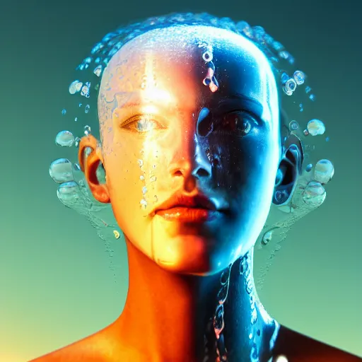 Image similar to water artwork manipulation in the shape of a human head, on the ocean water, futuristic, glowing, gradient, hyper realistic, ray tracing, realistic water, sharp focus, long shot, 8 k resolution, cinematic, photoshop water art