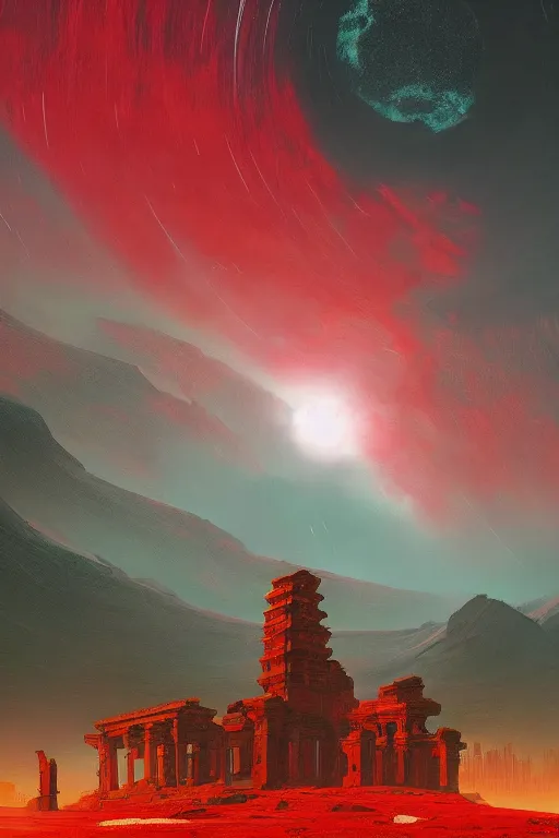 Prompt: red ancient temple, green hills, star trails, dramatic lighting, artstation, matte painting, caspar david friedrich, simon stalenhag