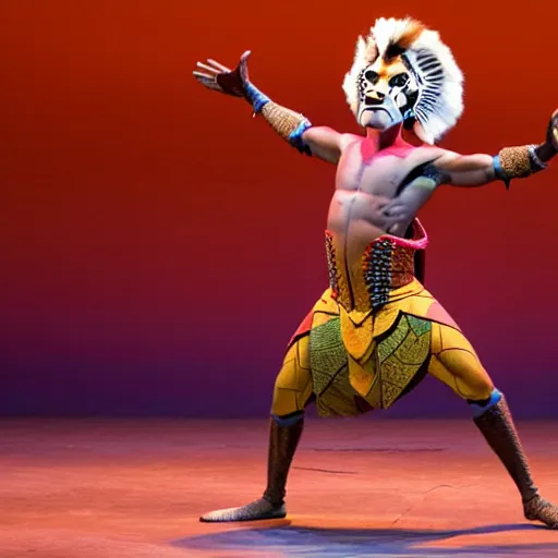 Image similar to bad mascot costumes in the lion king stage show at disneyland, covered outdoor stage, theatrical lighting, iphone video