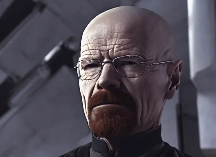 Image similar to film still of Walter White as Gordan Freeman wearing Black Mesa Jumpsuit in the Half Life Movie, 4k