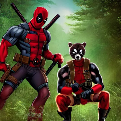 Image similar to deadpool and rocket raccoon in the woods digital art 4 k detailed