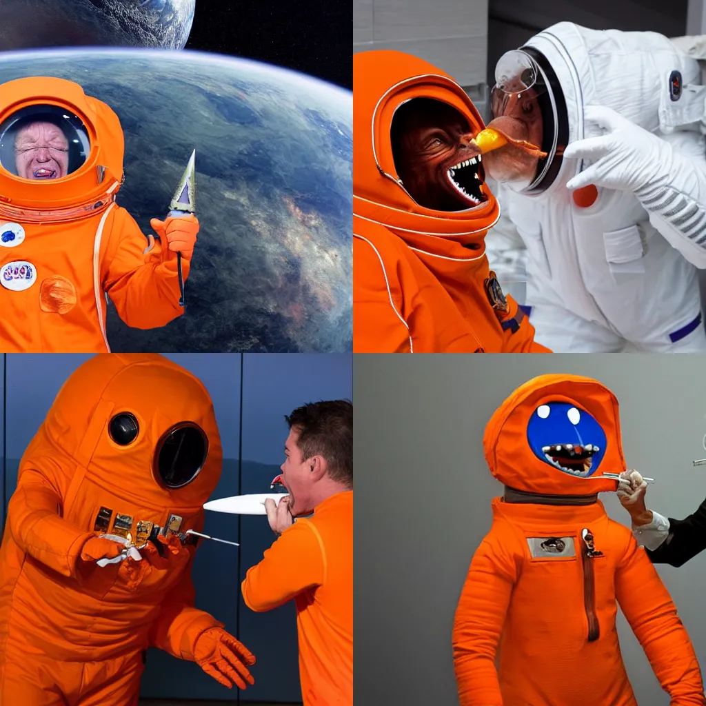 Prompt: A man in an orange astronaut suit with a fleshy mouth in its stomach. The mouth is full of razorsharp teeth. A long wet tong reaches out of the mouth.