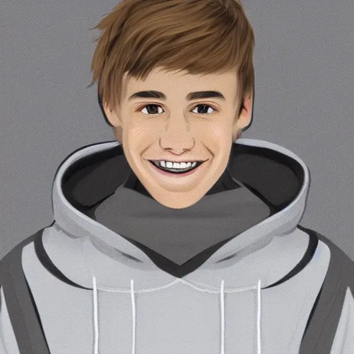 Prompt: teenage white male with light brown side part hair, brown eyes and a smile, wearing a hoodie, simple digital portrait art